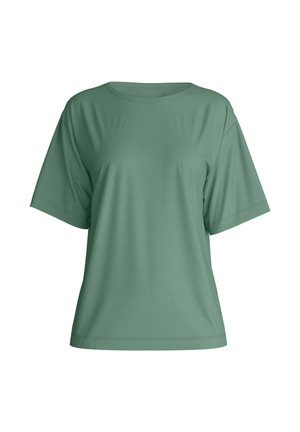T-shirt vert à manches courtes, coupe ample, col rond avec ourlet droit sur fond blanc.