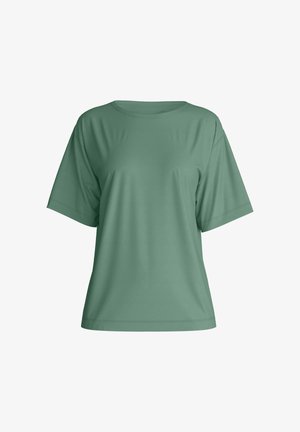 T-shirt vert à manches courtes, coupe ample, col rond avec ourlet droit sur fond blanc.