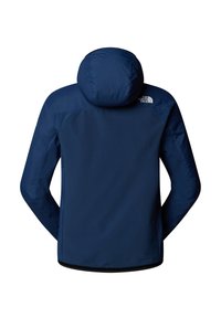 Mörkblå huva jacka med långa ärmar och The North Face-logotyp på övre delen av ryggen till höger.