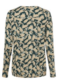 Maglia a maniche lunghe di un verde scuro con un motivo astratto di pennellate beige e azzurro chiaro. Tessuto morbido con una vestibilità comoda e scollo rotondo.