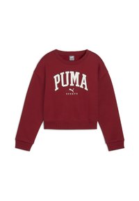 Sudadera corta color burdeos hecha de una mezcla de algodón, con un logo en blanco de "PUMA SPORTS" impreso en letras negritas en la parte delantera.