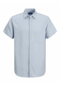 Lichtblauw shirt met korte mouwen, voorzien van een textuurpatroon, knoopsluiting aan de voorkant, één borstzak en een afgeronde zoom. De kraagstijl is standaard.