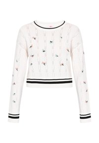 Pulover alb tricotat cu broderie florală și un design scurt. Prezintă dungi negre la tiv și la decolteu, cu un model texturat pe întreaga suprafață.