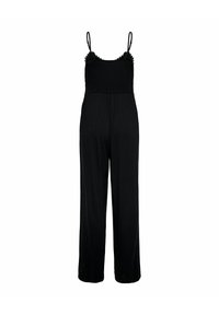 Combinaison noire avec des bretelles spaghetti, corsage smocké, pantalons évasés et accents festonnés le long de l'encolure. Fabriquée en matériau doux et léger.