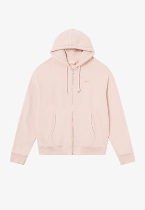 Rosa Zip-Up-Hoodie aus weichem Baumwollmaterial. Verfügt über eine Kordelzugkapuze, Fronttaschen und gerippte Bündchen sowie Saum. Dezentes Logo auf der Brust.