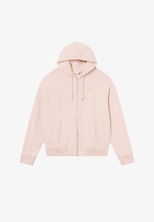 Felpa rosa con zip realizzata in morbido cotone. Caratterizzata da un cappuccio con cordino, tasche frontali e polsini e orlo a costine. Logo discreto sul petto.