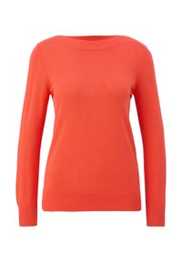 Koraalkleurige trui met lange mouwen, ronde halslijn, en ribgebreide manchetten en boord. Zachte gebreide stof met een gladde textuur. Geen opvallende patronen of accenten.