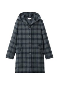 Lång kapuschongjacka med svart och grå rutig mönstring, knäppning fram och framfickor.