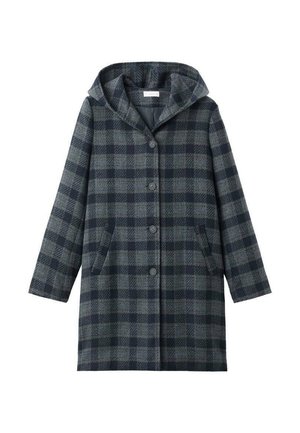 Lungo cappotto con cappuccio, con motivo a scacchi nero e grigio, chiusura a bottoni e tasche frontali.