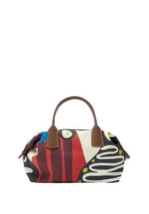 Torba płócienna z brązowymi skórzanymi uchwytami, z kolorowym abstrakcyjnym wzorem w kolorach czerwonym, niebieskim, zielonym i czarnym. O zaokrąglonym kształcie, zamykana na zamek.