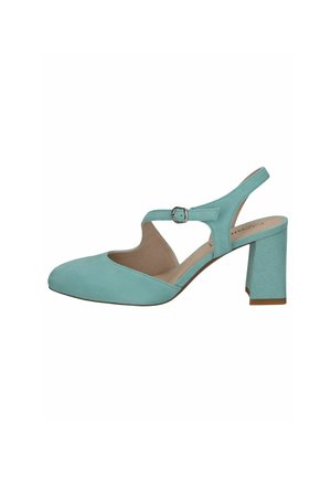 Aqua sinine slingback konts, millel on sile tekstuur, terav nina, reguleeritav pandla ja tugev plokk-konts. Minimalistlik disain ja puhtad jooned.
