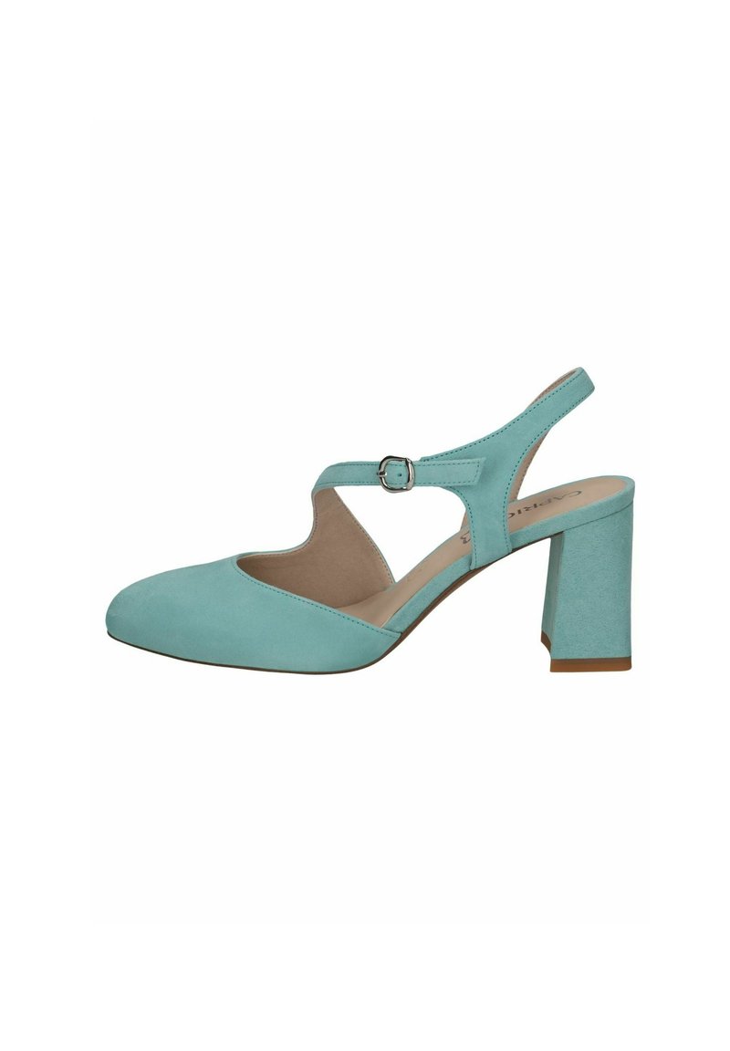 Akvamarinova slingback peta z gladko teksturo, z ostrim nosom, nastavljivim sponko in trdnim blokom. Minimalističen dizajn in čiste linije.