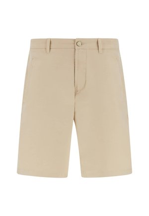Pantaloni shorts beige realizzati in tessuto liscio, con frontale con bottoni, passanti per cintura e due tasche laterali. Le maniche orlate completano il design.