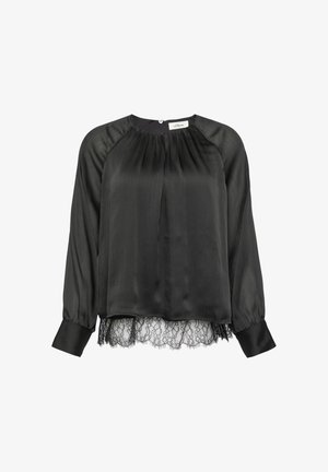 Schwarze Bluse mit langen Ärmeln, aus Satin gefertigt, mit gerafftem Ausschnitt und Spitzenbesatz am Saum. Verfügt über einen Knopfverschluss hinten und an den Manschetten.