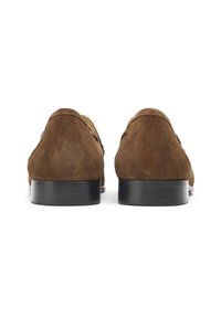 Brown suede shoes with a smooth texture, featuring a rounded heel and classic design. The back view highlights the clean lines and stitching.