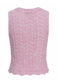 Šviesiai rožinė megzta be rankovių palaidinė su struktūrizuota deimanto raštu. Savybė - banguota apatinė dalis ir apvalus iškirpimas.
