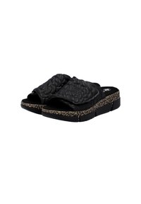 Black slide sandals with quilted floral design on straps, textured rubber sole with speckled beige and black accents.