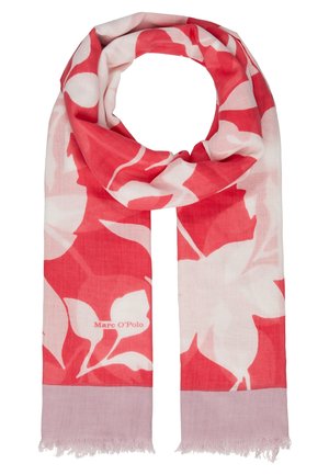 Světlé růžové a červené šátky s květinovým vzorem, třásněmi na okrajích a značkou "Marc O'Polo" na jednom konci.