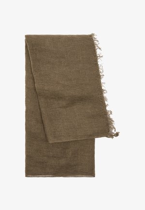 Brązowy lniany szal o teksturowanym splotcie i postrzępionych brzegach, prostokątny kształt, lekki, odpowiedni do różnych stylów i zastosowań.