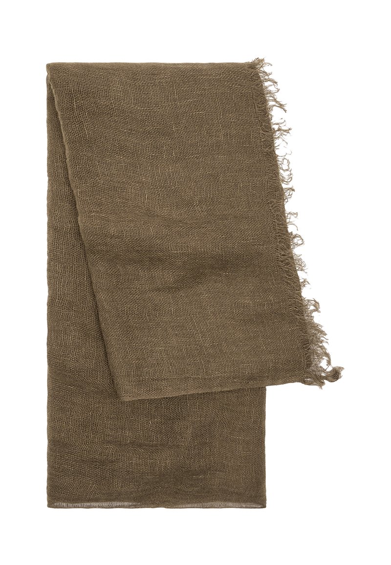 Brązowy lniany szal o teksturowanym splotcie i postrzępionych brzegach, prostokątny kształt, lekki, odpowiedni do różnych stylów i zastosowań.