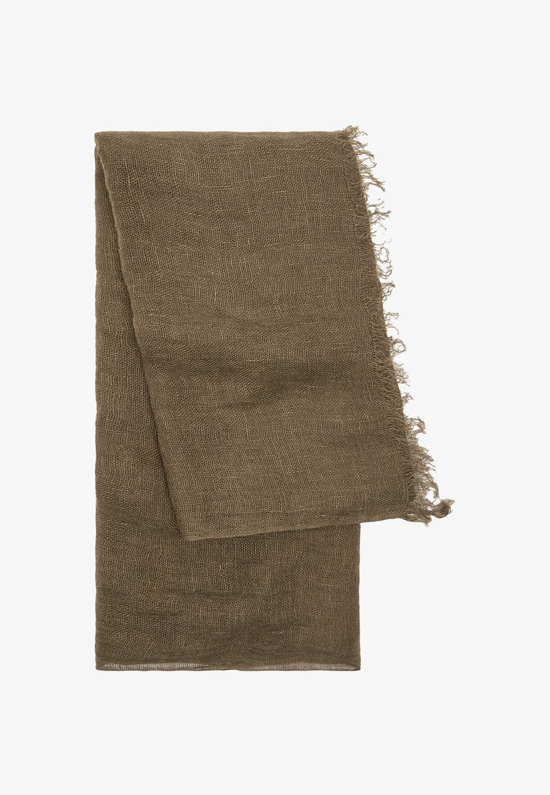 Brązowy lniany szal o teksturowanym splotcie i postrzępionych brzegach, prostokątny kształt, lekki, odpowiedni do różnych stylów i zastosowań.