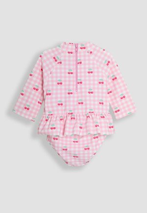 Langärmeliger rosa Gingham-Badeanzug mit Kirschmuster, der einen Reißverschluss hinten und ein gerafftes Peplum-Detail an der Taille hat. Weicher, dehnbarer Stoff.