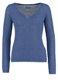 Blauer, strukturierter Strickpullover mit V-Ausschnitt, langen Ärmeln und schmaler Passform.