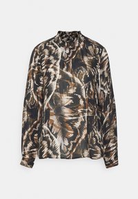 Blusa de manga longa em tecido leve, com um padrão floral castanho e preto, gola alta e corte solto.