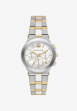 Orologio cronografo Michael Kors in argento e oro con quadrante bianco, numero romano XII, tre quadranti secondari, lancette dorate e datario alle ore 4.