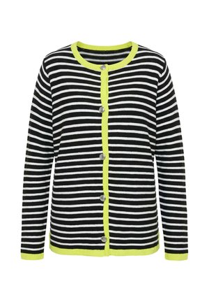 Czarnobiały kardigan w poziome paski z neonowożółtym obszyciem, długimi rękawami i pięcioma srebrnymi guzikami z przodu.