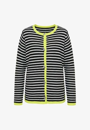Zwart-wit horizontaal gestreepte cardigan met neongele rand, lange mouwen en vijf zilveren knopen aan de voorkant.