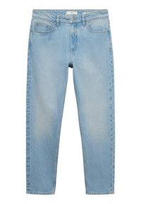 Vaaleansiniset farkut suorilla lahkeilla, viidellä taskulla ja yläosan nappikiinnityksellä. Haalistunut viimeistely, jossa hienovaraiset rypytysdetaalit.