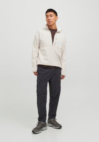Pullover in pile beige chiaro con zip a un quarto, caratterizzato da un piccolo patch con logo. Abbinato a pantaloni cargo scuri e sneakers grigie.