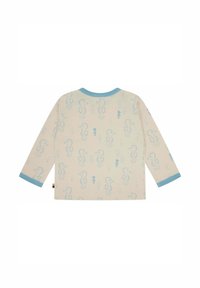 Camicia a maniche lunghe di un beige chiaro con accenti blu chiaro. Presenta un motivo ripetuto di cavallucci marini e un collo rotondo. Tessuto morbido.