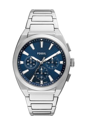 Stainless steel watch with a blue textured dial, three sub-dials, silver hour markers, and a metal link bracelet.
