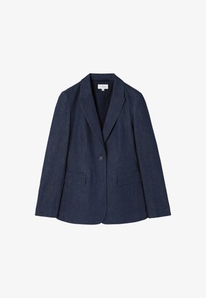 Blazer en denim bleu marine avec un col cranté, fermeture à un bouton, deux poches avant et manches longues. Texture lisse, coupe ajustée.