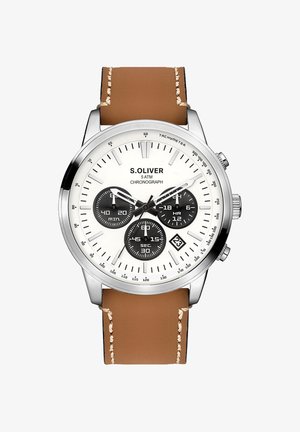 Montre chronographe S. Oliver avec cadran blanc, trois sous-cadrans noirs, boîtier argenté, tachymètre, affichage de la date, et bracelet en cuir marron.