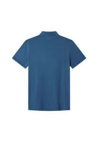 Mörkblå pikétröja med krage och korta ärmar. Slät textur, enkel design, bakifrån syns en ren finish utan mönster.