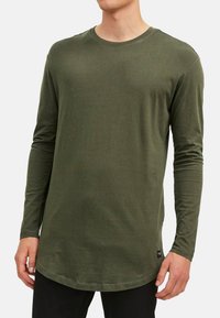 Long-sleeve green shirt made of soft fabric with a rounded hem and tag detail at the lower left side. Fitted design with crewneck collar.
