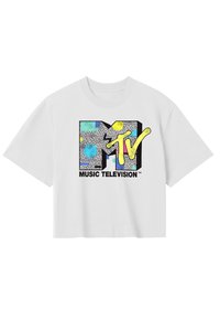 White cropped t-shirt featuring a graphic design with bold colors, including blue, yellow, and black, and text reading "MTV MUSIC TELEVISION."