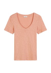 T-shirt a maniche corte, con scollo a V in morbido tessuto pesca con una trama sottile. Senza fantasie; design semplice e hardware minimale.