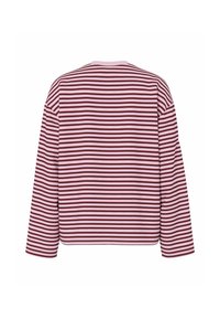 Genser med rund hals og lange ermer, med horisontale rosa og mørkerøde striper, vist bakfra.