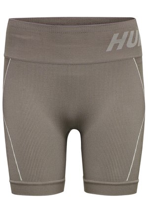 Grå ribbede shorts med et bredt elastisk taljebånd med "HUM" logo, en tætsiddende pasform og hvide kontrastsyninger langs siderne.