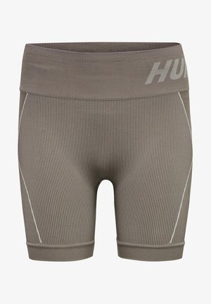 Graue gerippte Shorts mit einem breiten elastischen Bund mit "HUM"-Logo, einer engen Passform und weißen Akzentnähten an den Seiten.