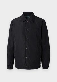 Veste noire en tissu léger, avec un col pointu, une fermeture à boutons-pression sur le devant, des poignets élastiques et une doublure intérieure à motifs.