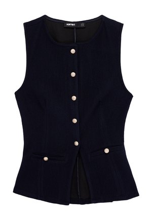 Gilet nero testurizzato senza maniche con scollo rotondo, sei bottoni dorati sul davanti e due piccole tasche frontali con bottoni abbinati.
