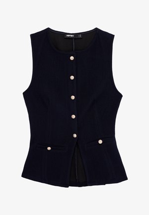 Veste noire texturée sans manches avec une encolure ronde, six boutons dorés sur le devant et deux petites poches avant avec des boutons assortis.