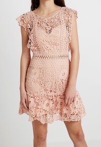 Krajková šaty v jemné růžové barvě s vlnkovaným lemem, květinovými vzory a volánkovými rukávy. Obsahuje přiléhavý korzet a texturovaný háčkovaný design.
