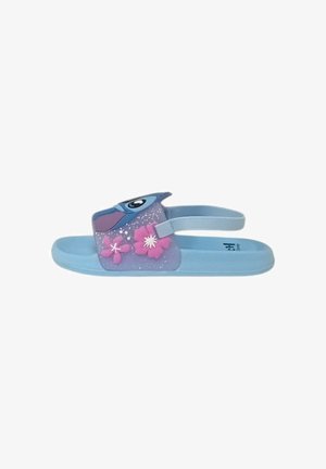 Sandalo per bambini azzurro chiaro con volto di personaggio animato e decorazioni floreali rosa, cinturino posteriore aperto e design a scivolo.