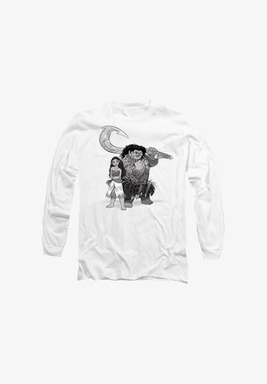 Weißes Langarmhemd mit schwarzen Cartoonfiguren: ein Mädchen und eine muskulöse Figur, die eine große, mondförmige Waffe hält.